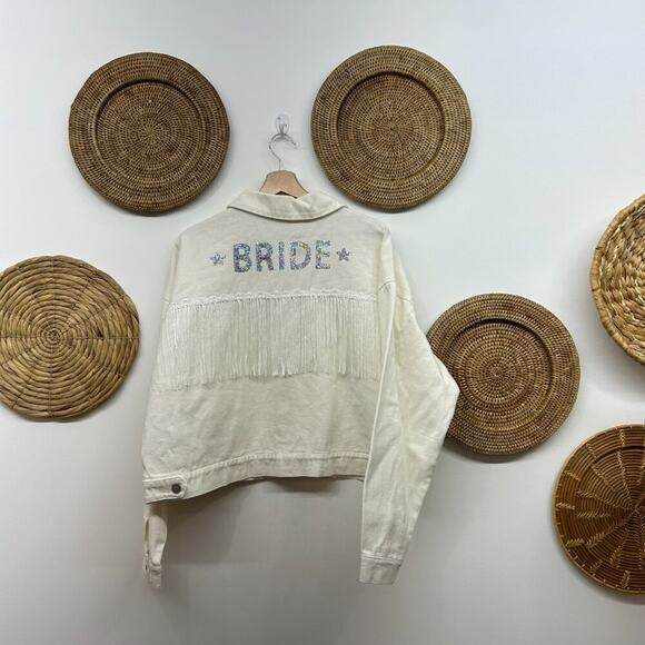 Buckle Peach Love White Sequins Fringe BRIDE Denim Jean Jacket Large Bridal - Picture 3 of 7
